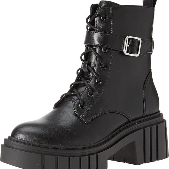 The Drop Shoes - The Drop Women's Koi Buckle Lace Up Black Platform Combat Boots - Size 8
